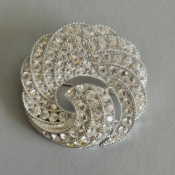 Napier Silver Rhinestone Pin Brooch Circular Wave - Picture 2 of 7